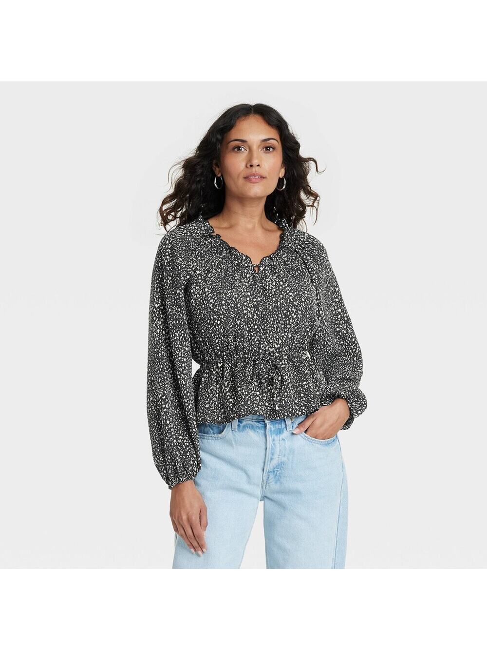 Balloon Long Sleeve Blouse - Black Abstract XL Dark Boho